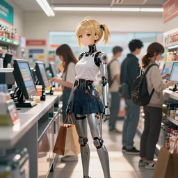 an anime character robot girl with a shopping bag, standing in a line to the cash register in a convenience store in warsaw, photorealistic, near future, slice of life scene, digital art