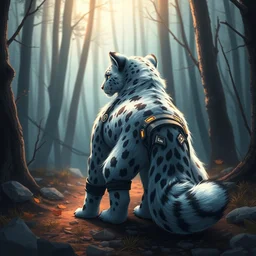 an anthropomorphic cyberpunk snow leopard with a fluffy tail in the forest, trending on artstation, trending on furaffinity, digital art, by kawacy, anime, furry art, warm light, backlighting