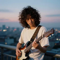 The charismatic disco punk rock young Asian man with messy very long curly dark brown hair playing on jazz guitar, the very strong soft top light, twilight city on the background, by Lubezki, 80mm focal length, anamorphic 80mm lens, city twilight landscape, cinematic, Kodachrome film, 4k