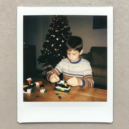 a polaroid photograph of a boy building a lego set in his living room on christmas day. 1 9 8 0 s