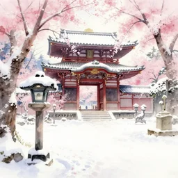 japanese 寺 in a 雪 landscape surrounded by 桜, long shot, watercolour painting, 4k