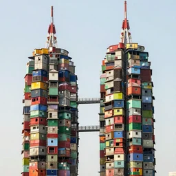 two towers made up of colourful makeshift squatter shacks separated by vertical spaces, dystopia, sony a 7 r 3, f 1 1, fully frontal view, photographed by jeanette hagglund
