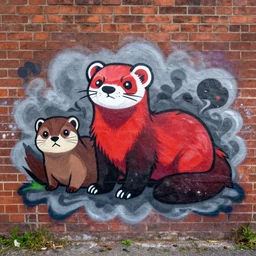 graffiti tag of a friendshaped furry fandom ferret + weasel + stoat, red and black, smoke cloud backing on a brick wall