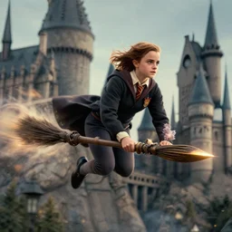 Emma Watson flying in a magical broomstick over hogwarts
