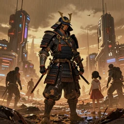 illustration of a worn out samurai that got time travelled to a futuristic colonized Martian city while protecting his daughter from enemies, rainy day, neon glow concept art, sharp focus, cyberpunk 2077, steam punk, scifi, octane render, art by Ilya Kuvshinov, wallpaper, highly detailed, anime key visual, warm colors, epic landscape, HD digital art, artstation