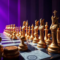 photo of a huge chess game, the chess pieces are statues of golden egyptian gods, low angle, purple light from the left side, 1 8 mm, hyperrealistic, very detailed