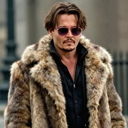 film still of Johnny Depp as Tyler Durden wearing big fur coat and pink sunglasses in Fight Club 1999