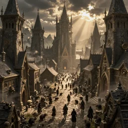 dystopic medieval fantasy city, crowded streets, warhammer fantasy, rats