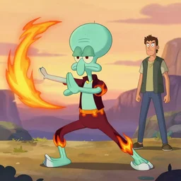 [ [ [ [ [ [ squidward ] ] ] ] ] wearing fire nation clothing and practicing firebending outside at susnset, [ [ [ [ [ [ greg rutkowski ] ] ] ] ] ]