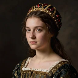 portrait of young woman in renaissance dress and renaissance headdress, art by tina modotti