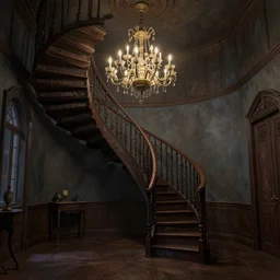 a room with a spiral staircase and chandelier, a detailed matte painting by jang seung - eop, cgsociety, night, magic realism, rendered in unreal engine, unreal engine 5, unreal engine