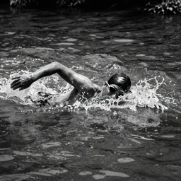 a swimmer in the river styx, pinhole photography, extreme contrast and sharpness, gritty and noisy