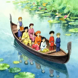 anime movie scene, characters, waterway, fantasy. gondola boat, amazing composition, colorful watercolor, lily pads, reflections, by ruan jia, by maxfield parrish, by koji morimoto, by hikari shimoda, by sparth, by zhang kechun, illustration, gloomy, autumn, giant statues