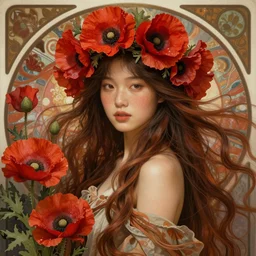 Master portrait painting of a beautiful asian girl with freckles, wearing a flower headpiece made of red poppies, long fabric flowing no the background, long flowy hair, surrounded by big flowers, porcelain skin, cinematic lighting, photo realistic, highly detailed, maya, digital painting, artstation, concept art, sharp focus, illustration, by Mucha