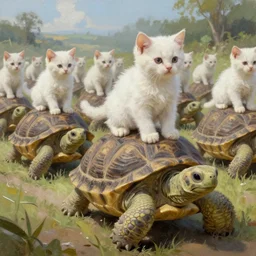 white soldier kittens riding giant turtles, battalion, digital oil painting, trending on artstation