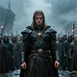an arrogant sardaukar standing in front of a large group of people under the rain | still frame from the prometheus movie by alejandro jodorowsky with cinematogrophy of christopher doyle and art direction by hans giger, ultra wide 1 2 mm lens, anamorphic lens flares, 8 k, sharp focus