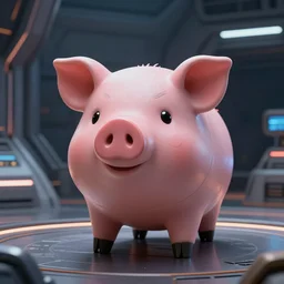 A futuristic space ship shaped like a cute and adorable piggy 🐷 , Star Trek, film still, cinematic movie scene, 200mm wide shot, hard surface modeling, volumetric soft lighting, 8k H 768