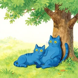 a storybook illustration of a pair of blue cats relaxing under a tree by quentin blake, roald dahl,