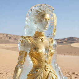 close up of face of female fashion model as ice sculpture, in desert, gold plated, versace dress, highly detailed