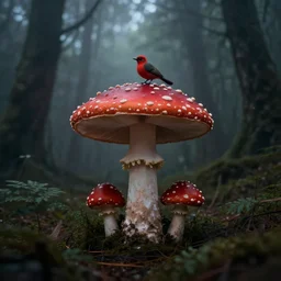 red giant mushroom bird in dark misty forest eerie