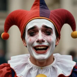 realistic photo of a blurred face of a jester, crying, scared, dramatic, coward, tears ruining his make up, smiling, laughing emitting aura, 1 9 6 0, life magazine photo, natural colors, metropolitan museum, kodak, 8 k, very detailed, high resolution, product photo,