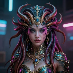 Cyberpunk medusa, neon, intricate, ornate, photorealistic, ultra detailed, realistic, 35mm, photography, octane, high definition, depth of field, bokeh, 8k, artstation