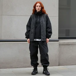 beautiful red haired british woman in techwear, techwear look and clothes, Nike ACG, ACRNYM, Errolson Hugh, Y3, trending on r/streetwear, outfit photo, we see them from head to toe