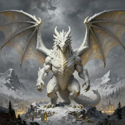 adult white dragon portrait, muscular, massive wings, wide angle, greg rutkowski, drark, marvel comics, dark, plutus su, chris scalf, lucas graciano, billy christian, symmetrical features, snowy mountains, small city, grey and gold color palette, painting, d & d, fantasy, storm clouds