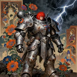 composition of gothic and futuristic, warhammer, cyber japan style armor, more scars, many mechflowers, thunderstorm, red head, some orange and blue, the middle ages, highly detailed, artstation, in the style of moebius, jugendstil and classic japanese print, psychedelic, art by rene magritte, jean delville