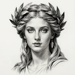 tattoo sketch of the beautiful greek goddess aphrodite wearing a laurel wreath with arrowhead earrings, piercing eyes, beautiful flowing hair, hyper realistic face, in the style of greg rutkowski, fantasy, amazing detail, epic, elegant, smooth, sharp focus