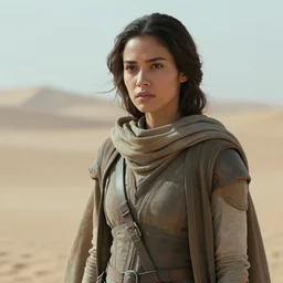 a film still of dune by josh kao, a beautiful young mixed race woman, post apocalyptic attire, cinematic, film art of character design, matte painting, v ibrant, 5 0 mm lens, behance hd, sunrise, dramatic lighting, cinematic, global illumination, deviant art, trending on artstation, bloom