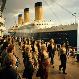 inside the titanic in 1970, watching people walking, color photo