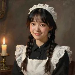 a ((sadly)) (((smiling)))) black haired, young hungarian servantmaid from the 19th century who looks very similar to ((Lee Young Ae)) with a two french braids, detailed, soft focus, candle light, realistic oil painting by   John Everett Millais, Munkácsy, Csók István, and da Vinci