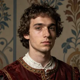 close - up portrait of young man in renaissance clothing, background with wallpaper, art by paolo roversi