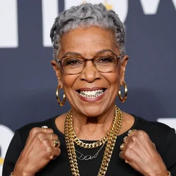 Ruth Bader Ginsburg as a gangsta rapper wearing gold chains and grinning to show off her grills