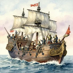 sirens raid a pirate ship and attack everyone onboard watercolor painting, art by walter crane and arthur rackham, illustration style, watercolor
