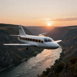 a steam powered flying boat flies above a river valley at sunset, photograph with lighting by frederic edwin church, golden hour, nature, 2 4 mm lens, fujifilm, fuji velvia, flickr, 5 0 0 px, award winning photograph, highly detailed, beautiful capture, rule of thirds, crepuscular rays, steam punk