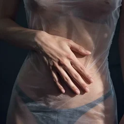 slim female hand on a stomach beneath transparant fabric