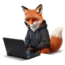an anthropomorphic fox wearing a hoodie and anonymous mask and sitting in front of a portable black computer, white background, concept art, digital painting, highly detailed, style by jordan grimmer and greg rutkowski, illustration