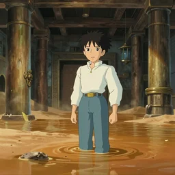 cartoon from howl's moving castle ( 2 0 0 4 ) of a beautiful flooded desert prison room, hq, depth of field.
