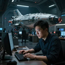 closeup of an asian space program general leaning towards his desk at the office with the futuristic shanghai spaceship hangar in the background, busy, dark, cyberpunk, moody, ambient lighting, syd mead, artgerm, artstation