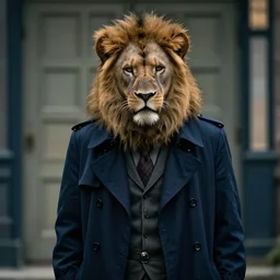poor lion man as a rough dirty old man with a scruffy beard in a dark blue trenchcoat as the new doctor who, cinematic, volumetric lighting, f 8 aperture, cinematic eastman 5 3 8 4 film, photorealistic