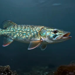 cybernetic pike fish, glowing veins, subsurface scattering, underwater, by gerald brom, by mikhail vrubel, by peter elson, muted colors, extreme detail, trending on artstation, 8 k