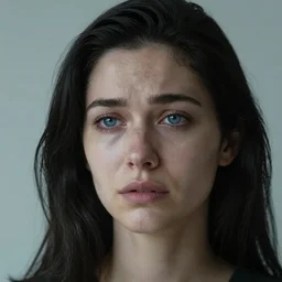 realistic portrait of woman with black hair and blue eyes while she's sad, ultra realistic, 8k