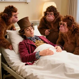 willy wonka is sick in the hospital, oompa loompas dace around his bed, vacation photo, 8 0 s film