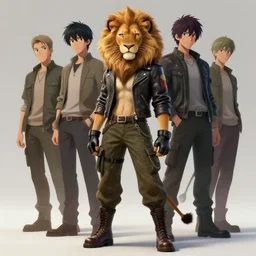 beautiful portrait of a female anthropomorphic lion fursona wearing a leather jacket. leather gloves. leather boots. cargo pants. pocket chain. character design by charlie bowater, ross tran, artgerm, and makoto shinkai, detailed, soft lighting, rendered in octane