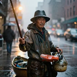 portrait art of fishermen in a rainy new york street 8k ultra realistic , lens flare, atmosphere, glow, detailed,intricate, full of colour, cinematic lighting, trending on artstation, 4k, hyperrealistic, focused, extreme details,unreal engine 5, cinematic, masterpiece