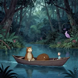 animal in a boat floating on a river in the jungle. digital drawing, ultra detailed, cool color palette, wes anderson, amelie poulain, tim burton, tomm moore, guido crepax