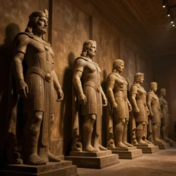 the hall of the fallen legends, cinematic, dramatic lighting, large statues lined up against the wall, warm lighting, artstation hd, intricate