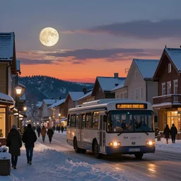 winter town centre inspired by Evgeny Lushpin, Peter Zumthor,bus,people walking winter sunset,full moon,p